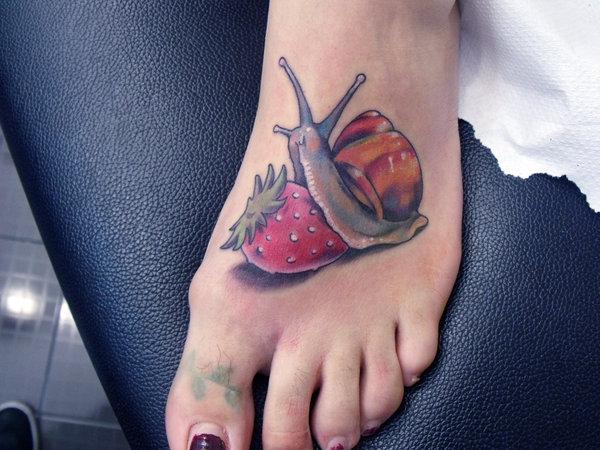 Red Cute Snail With Berry Tattoo On Foot