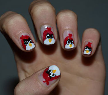 Red Glossy Angry Birds Nail Art For Short Nail