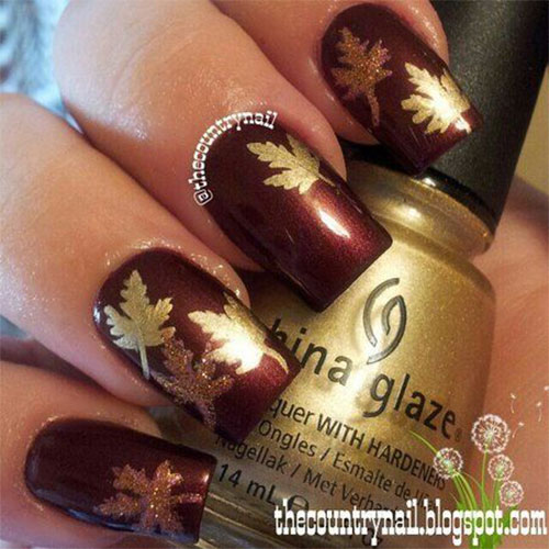 Red Nails With Golden Fallen Autumn Leaves