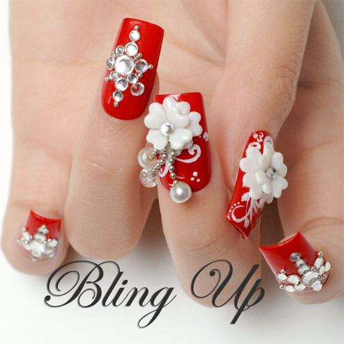 Red Nails With White 3D Flowers And Pearls Design Nail Art