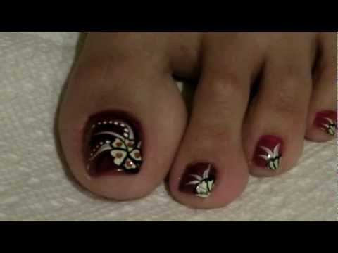 Red Toe Nails With White Flowers Nail Art