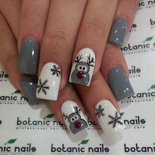 Reindeer Face And Snowflakes Design Winter Nail Art
