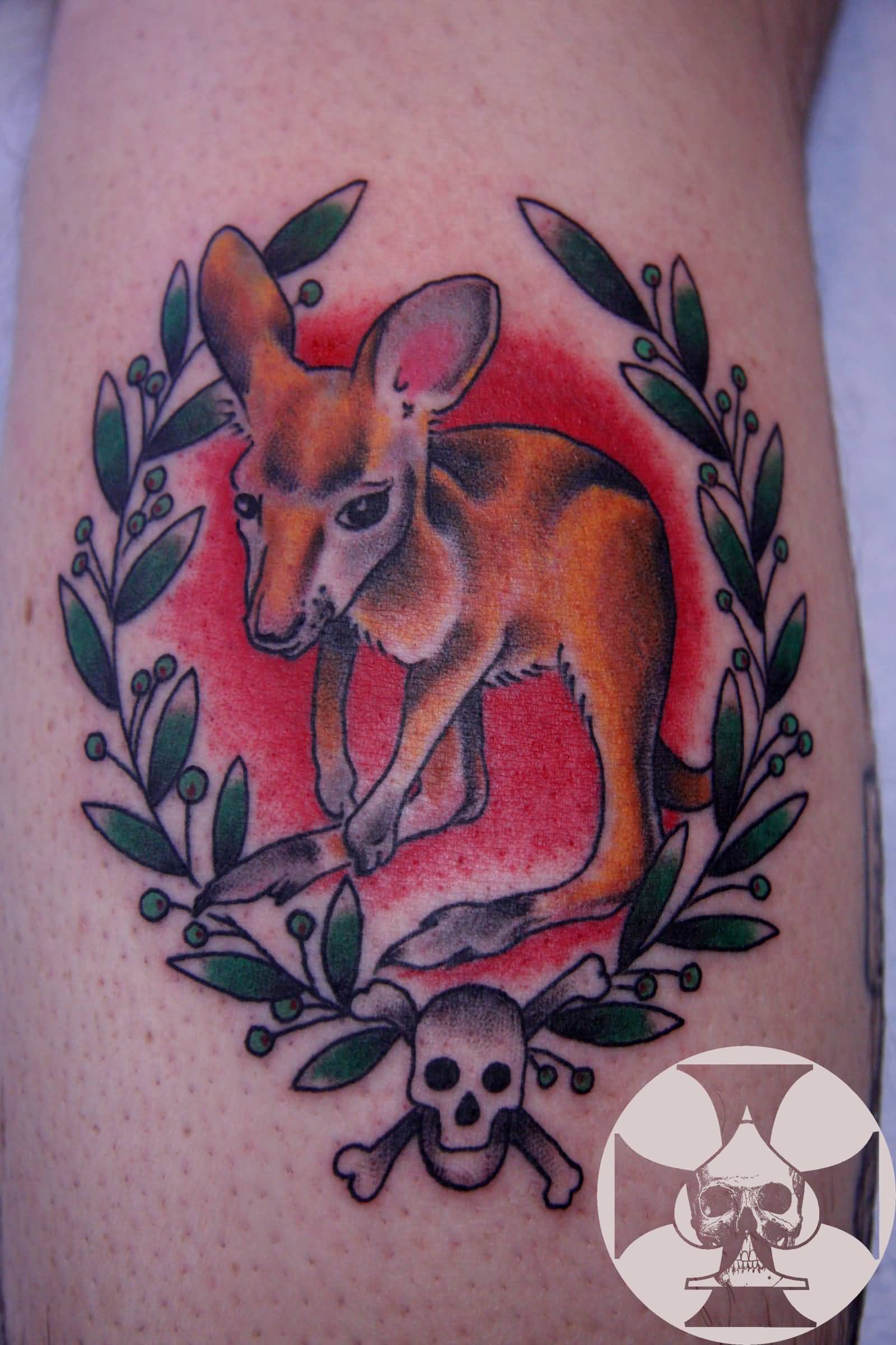 Sad Baby Kangaroo With Skull And Leaves Design Traditional Tattoo