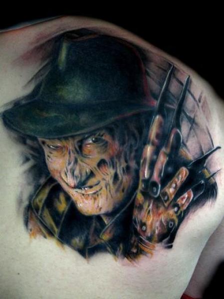 Scary 3D Freddy Krueger Portrait Tattoo On Left Upper Back