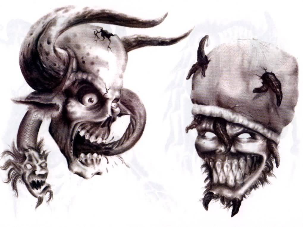Scary Evil Demons Head Tattoo Design