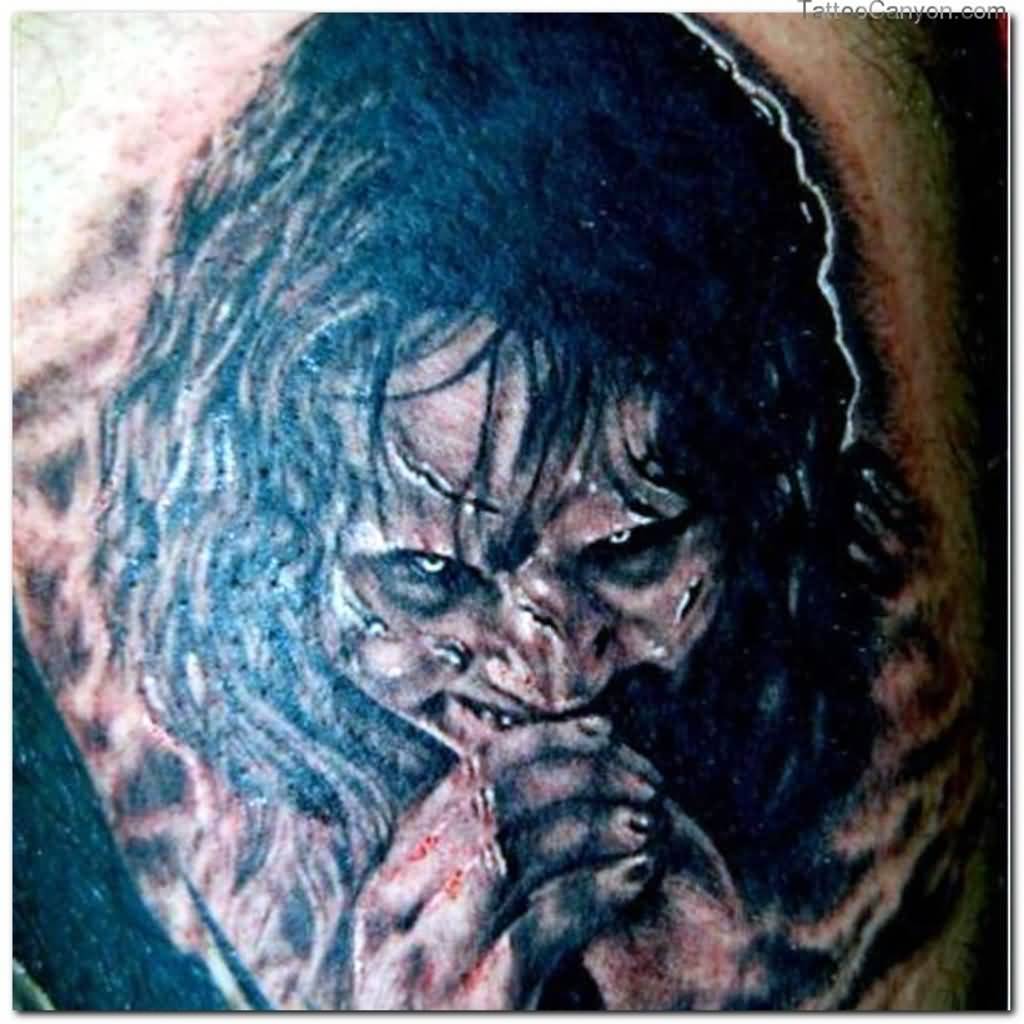 Scary Grey And Black Evil Witch Tattoo