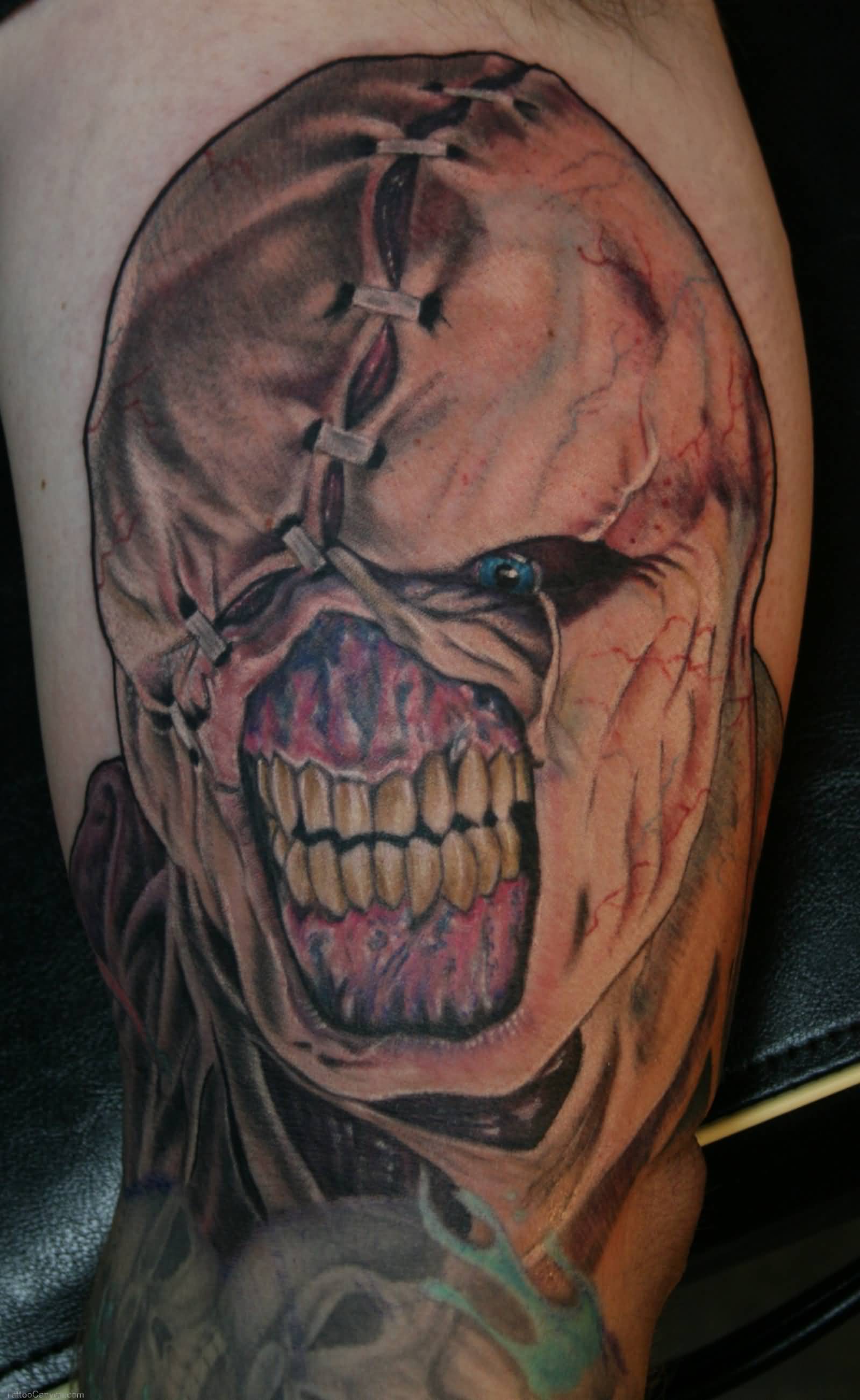 Scary Grey Ink Stiched Evil Zombie Tattoo