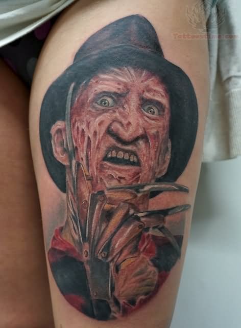 Scary Large Grey Color Freddy Krueger Tattoo On Left Thigh