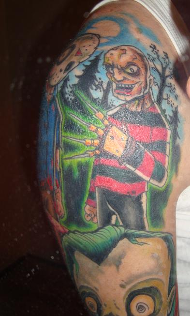 Simple Cartoon Freddy Krueger With Trees And Jason Colored Tattoo By Aircep