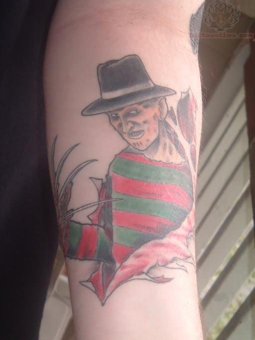 Simple Colored Freddy Krueger Tattoo On Left Arm