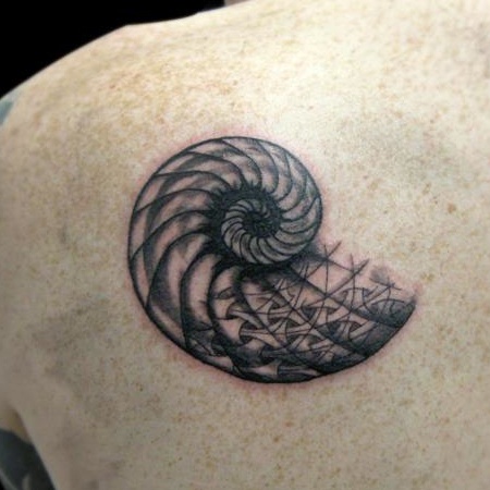 Simple Grey Ink Snail Shell Tattoo On Left Back Shoulder
