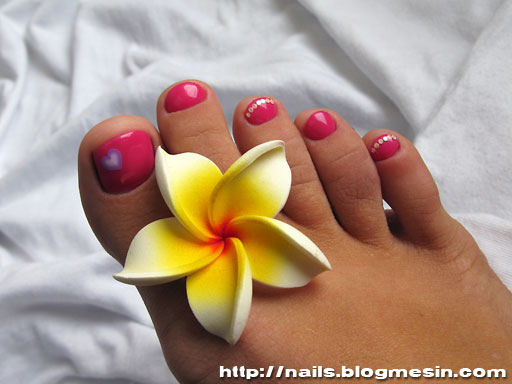 Simple Pink Toe Nail Art With Purple Heart Design