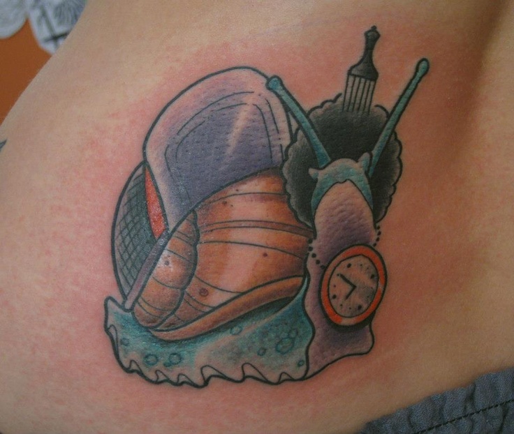 Simple Snail With Watch Necklace And Cap Tattoo