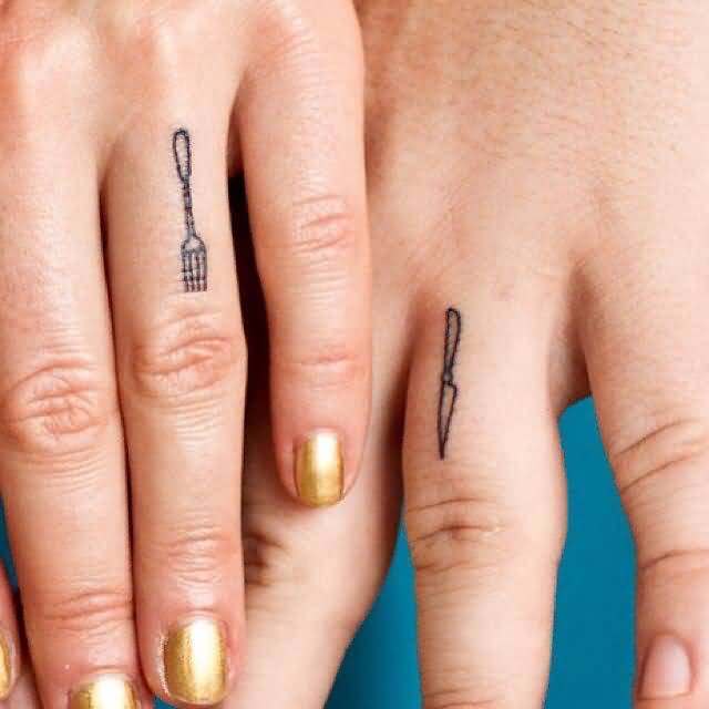 Small Colorless Fork And Knife Matching Couple Tattoos Design On Fingers