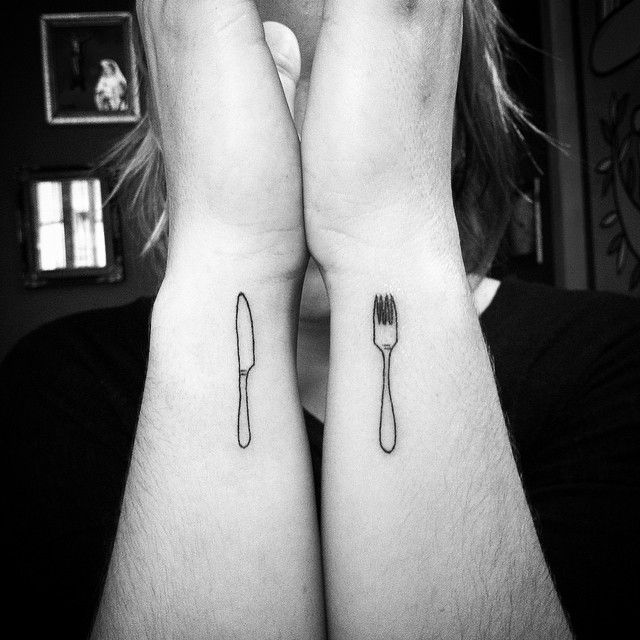 Small Colorless Fork And Knife Matching Tattoos Design On Wrists