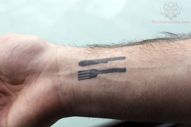 Small Fork And Knife Silhouette Tattoo On Wrist