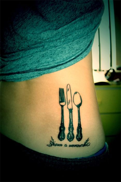 Small Fork With Knife And Spoon Tattoo On Lower Back
