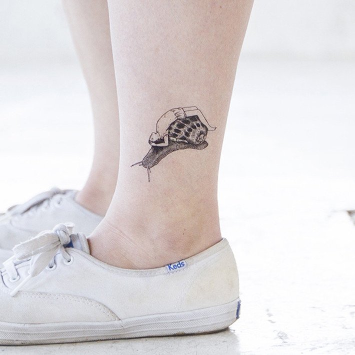 Small Girl On Snail Temporary Tattoo On Left Ankle