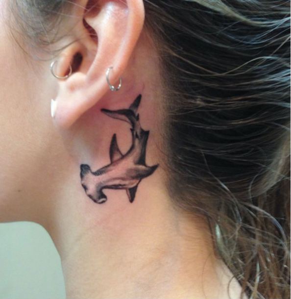 Small Grey And Black Hammerhead Shark Tattoo On Behind Ear