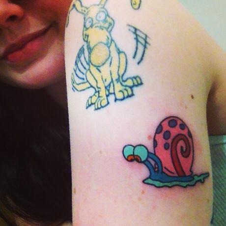 Snail Cute And Dog Tattoo On Right Shoulder