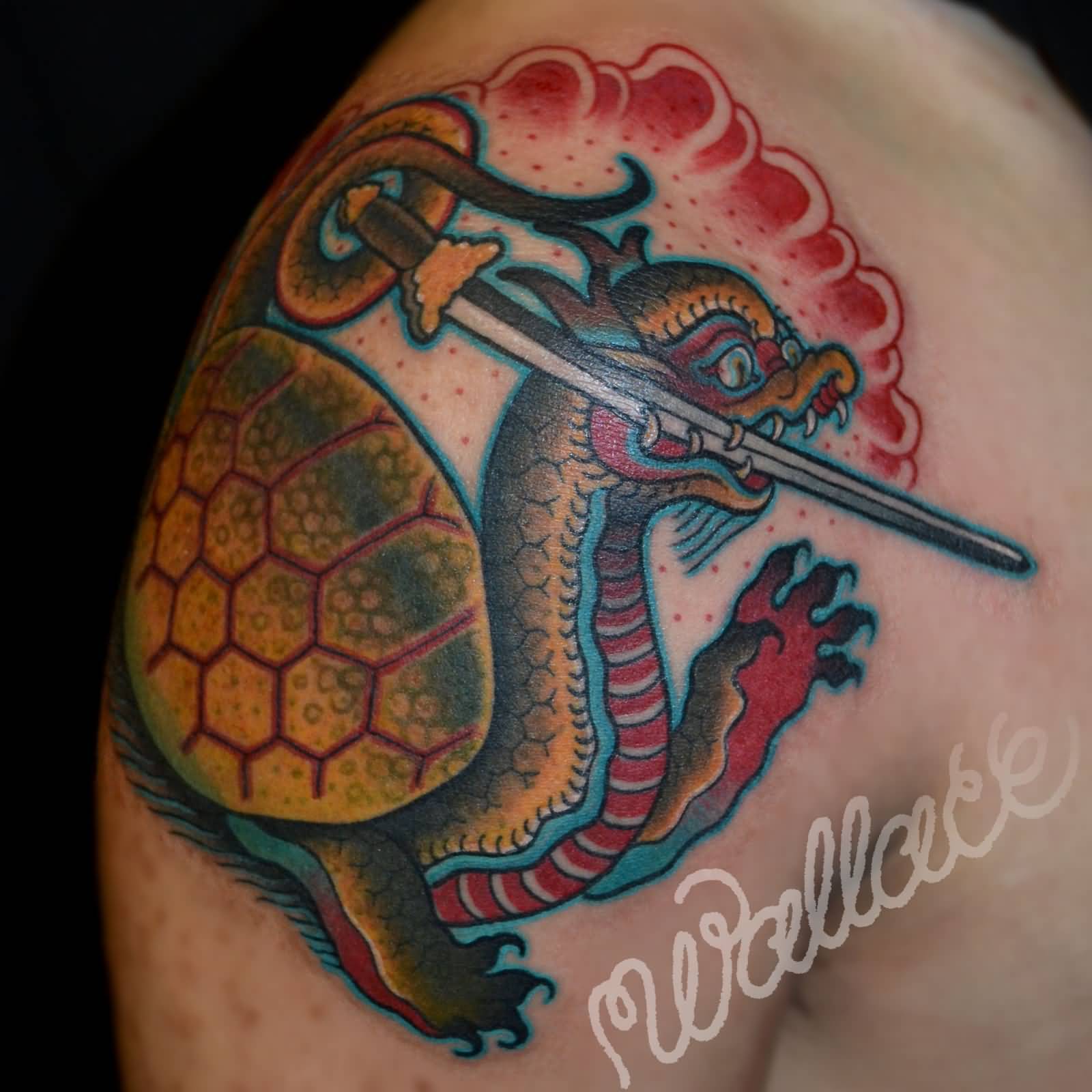 Snail Dragon With Red Color Clouds Traditional Tattoo