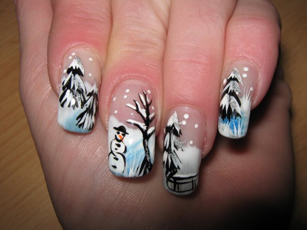 Snowman And Trees Winter Nail Art