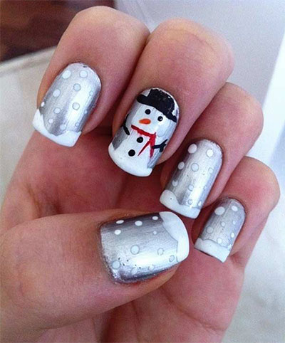 Snowman With White Polka Dots Winter Nail Art Design Idea