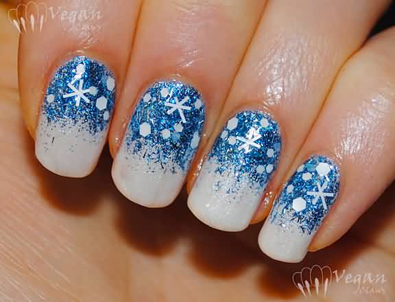 Sparkle Blue And White Snowflakes Winter Nail Art