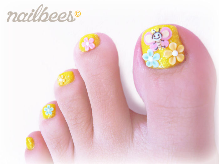Spring Toe Nails With 3d Flowers And Butterfly Design Idea