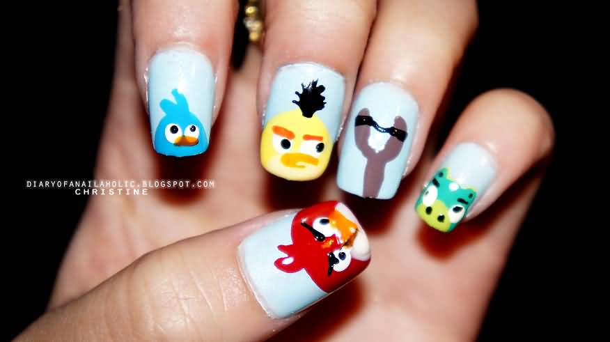 Stella, Chuck, Pig And Red Angry Birds Nail Art Design