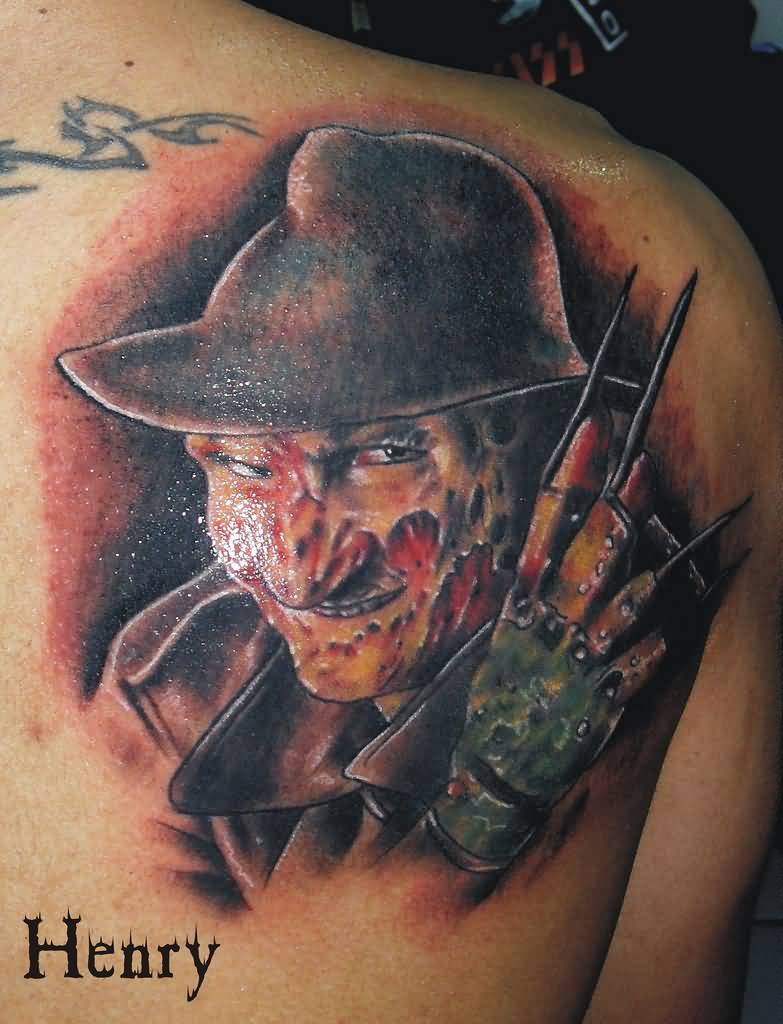 Stunning Freddy Krueger Portrait Color Tattoo On Left Back Shoulder