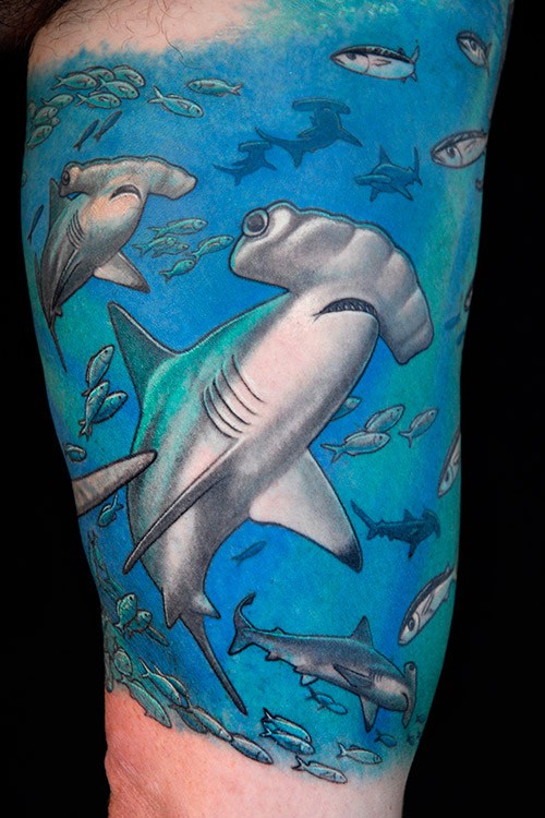 Stunning Hammerhead Sharks Under Water View Colored Tattoo