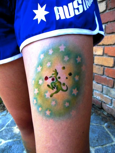 Stunning Small Boxer Kangaroo With Stars In Circle Watercolor Tattoo On Left Thigh