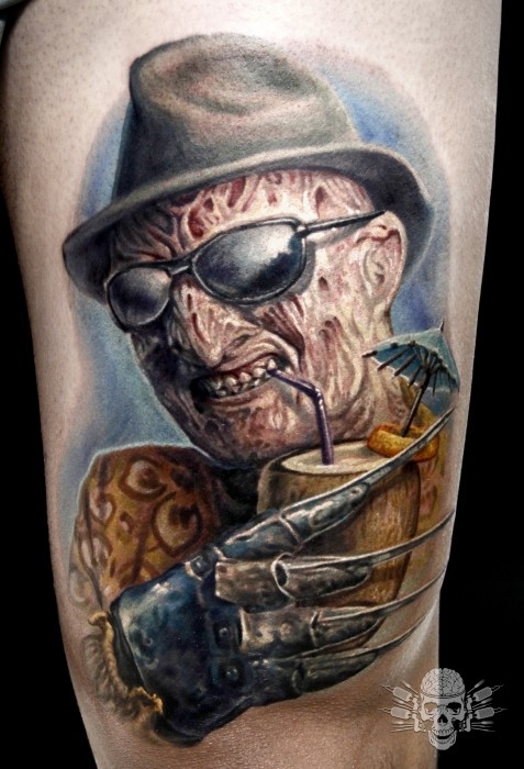 Superb 3D Freddy Krueger Drinking Portrait Tattoo