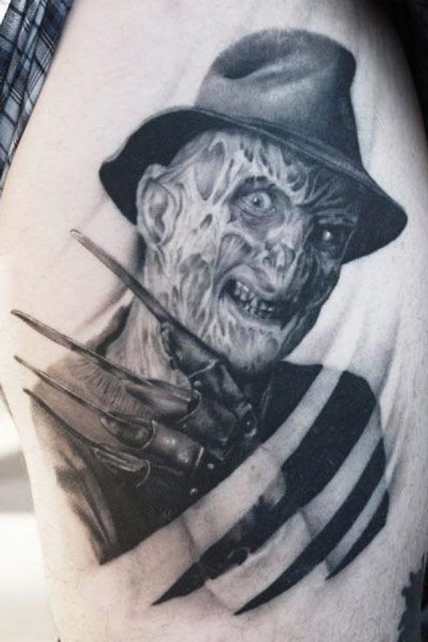 Superb 3D Grey Ink Freddy Krueger Portrait Tattoo