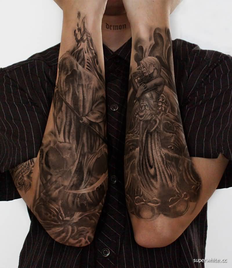 Superb Black And Grey Good And Evil Angel Tattoo On Both Arm Sleeve