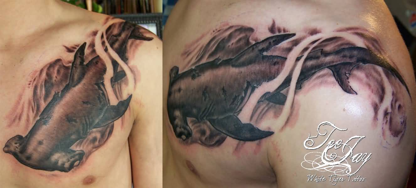 Superb Grey Ink Hammerhead Shark Swimming Tattoo On Left Upper Shoulder