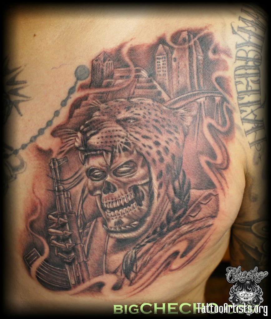 Superb Grey Ink Jaguar Aztec Skull Tattoo
