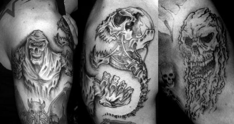 Terrific Evil Skulls With Skeleton Tattoo On Half Sleeve