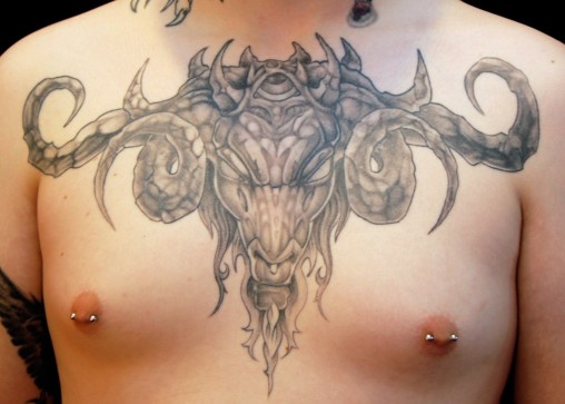 Terrific Grey Ink Evil Bull Tattoo On Chest