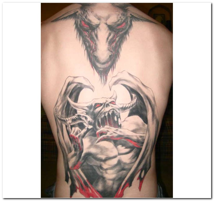 Terrific Grey Ink Evil Demons Tattoo On Full Back