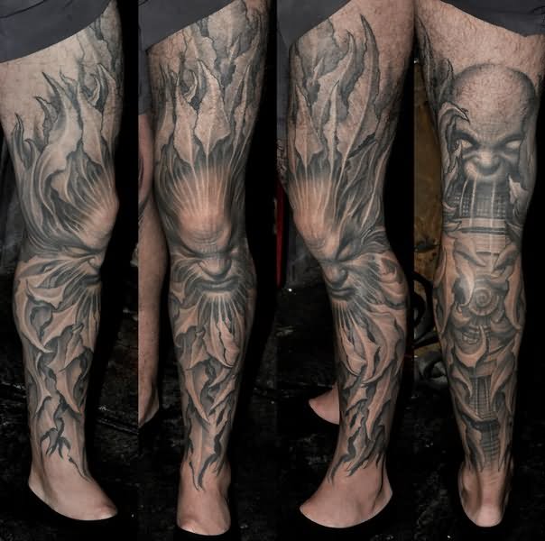 Terrific Realistic Colored Evils Tattoo On Leg
