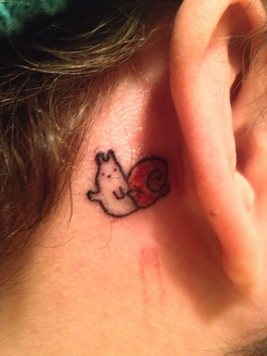 Tiny Cute Snail Tattoo On Behind Ear