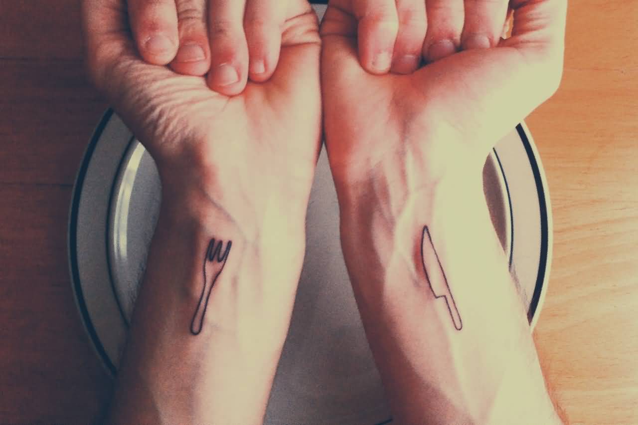 Tiny Fork And Knife Outline Matching Tattoo On Both Wrists