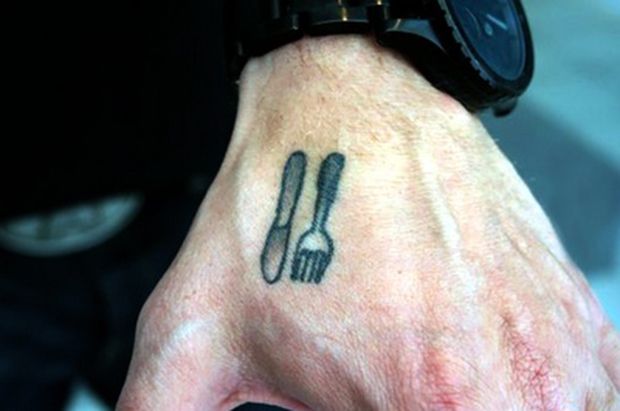 Tiny Fork With Knife Tattoo On Hand