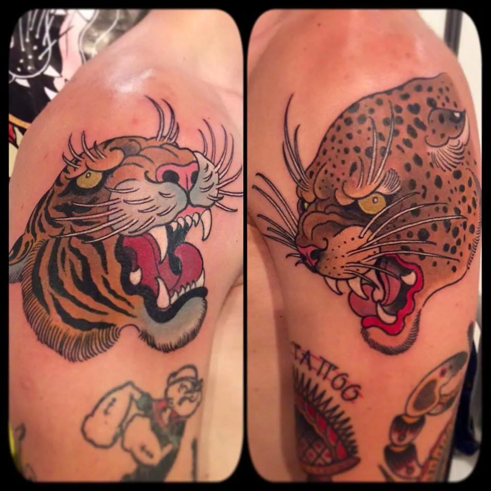 Traditional Angry Jaguar And Tiger Head Tattoos On Shoulders