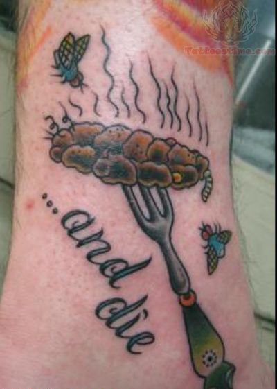 Traditional Fork With Bees And Lettering Tattoo
