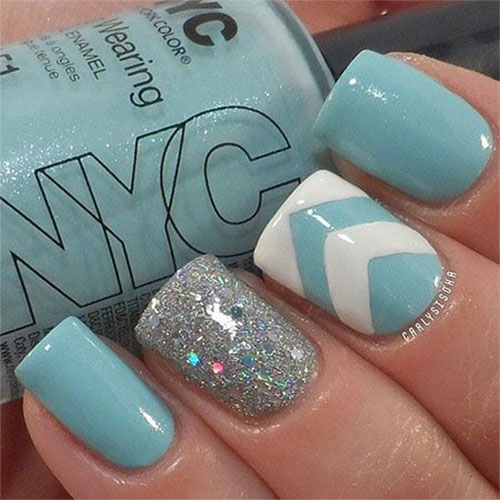 Turquoise And White Nails With Silver Glitter Accent Winter Nail Art