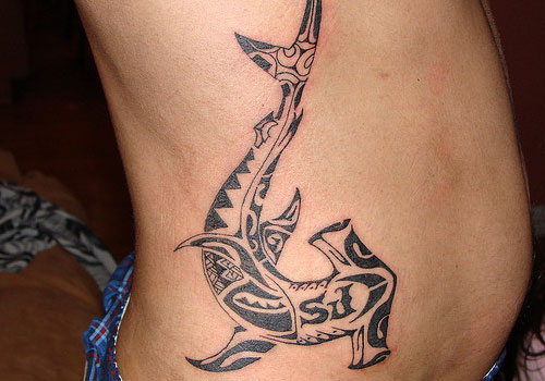Very Nice Tribal Hammerhead Tattoo On Side Rib