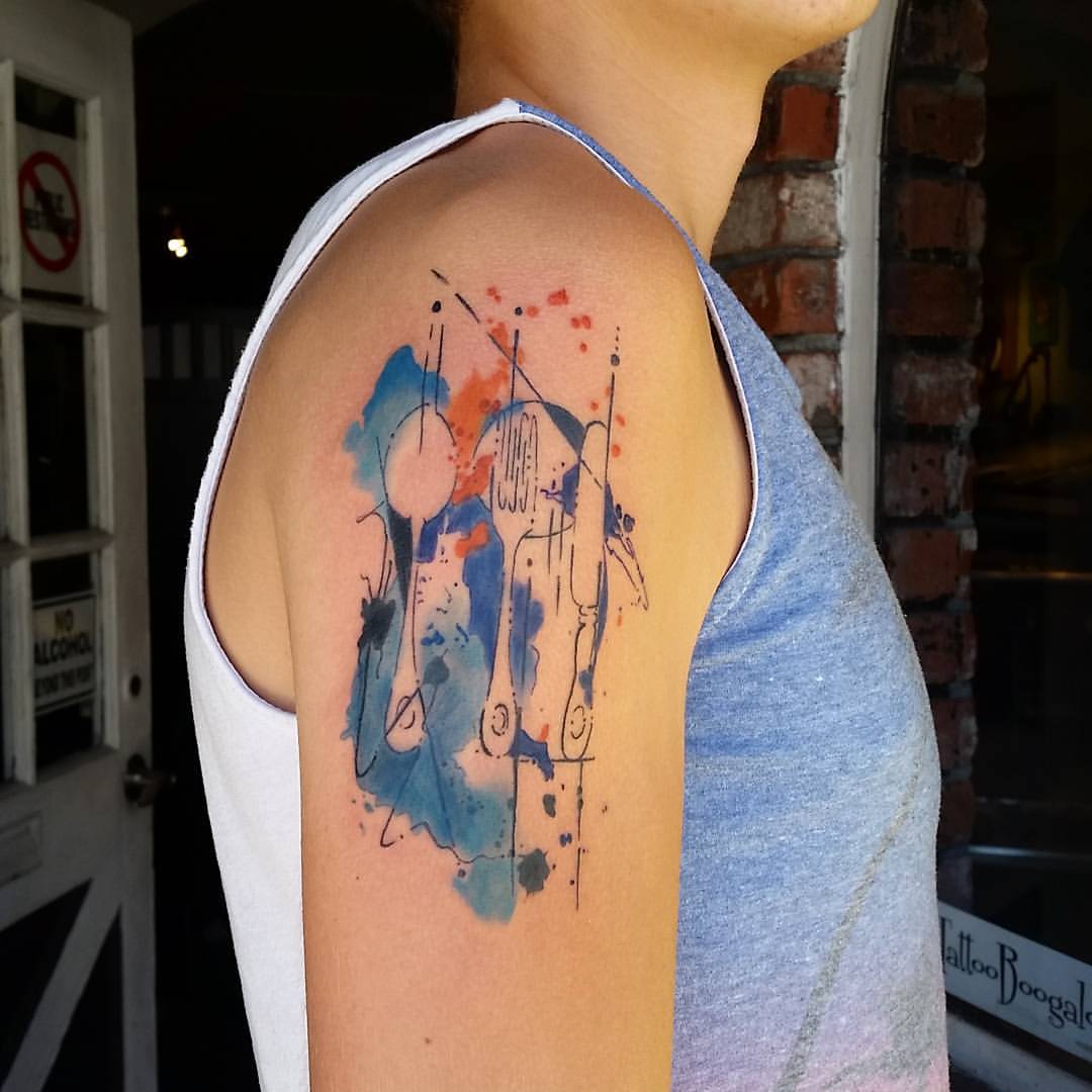 Watercolor Fork With Knife And Spoon Tattoo On Right Shoulder